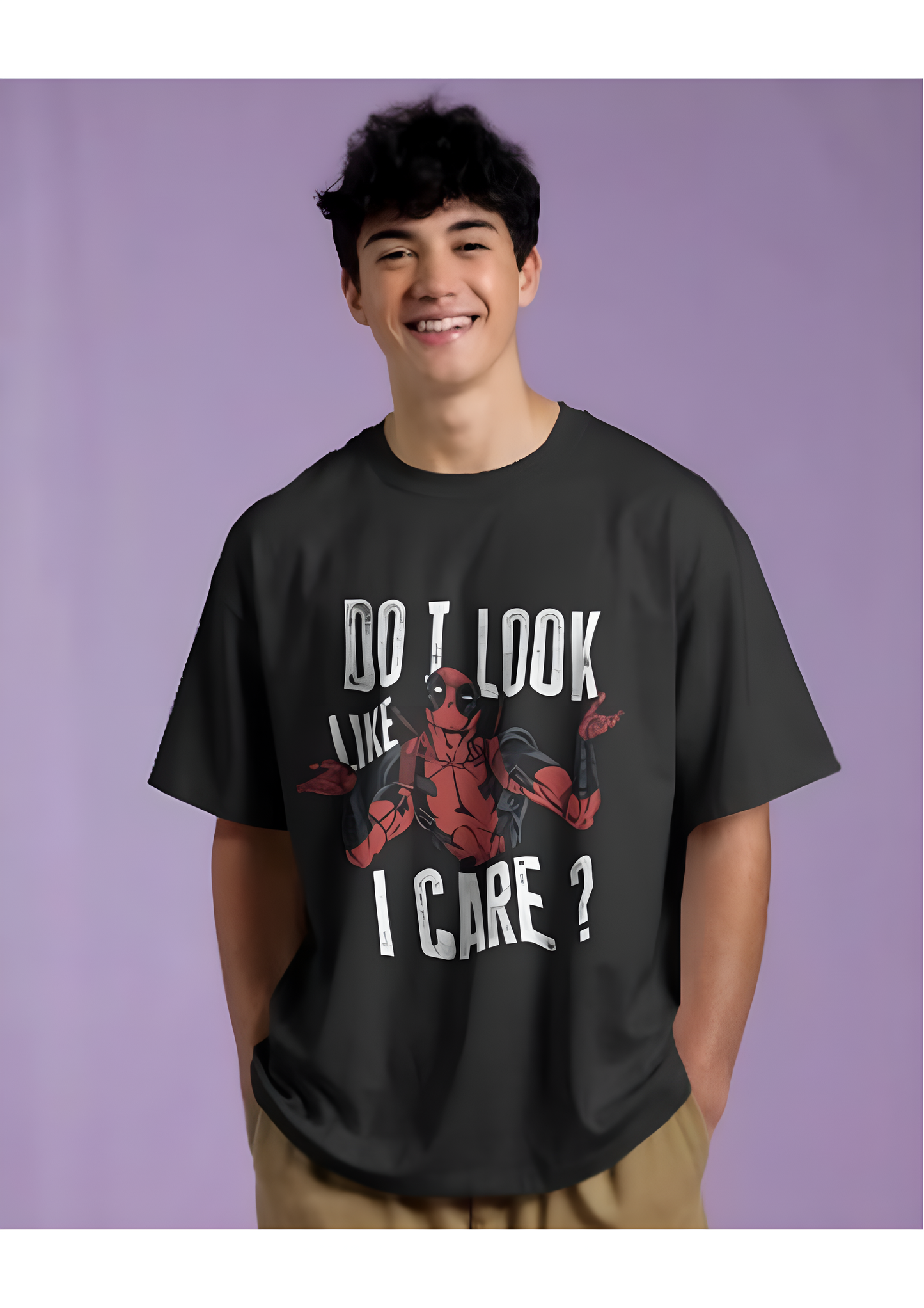 Deadpool unisex Oversized Tee – “Do I Look Like I Care?” (KN08)-KNOT&NEEDLE