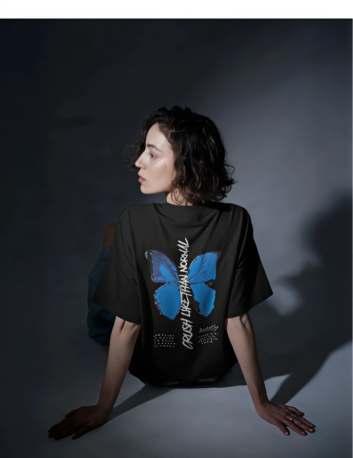 "Crush Like Than Normal" Oversized Butterfly Graphic Tee – Black (KN07)-KNOT&NEEDLE