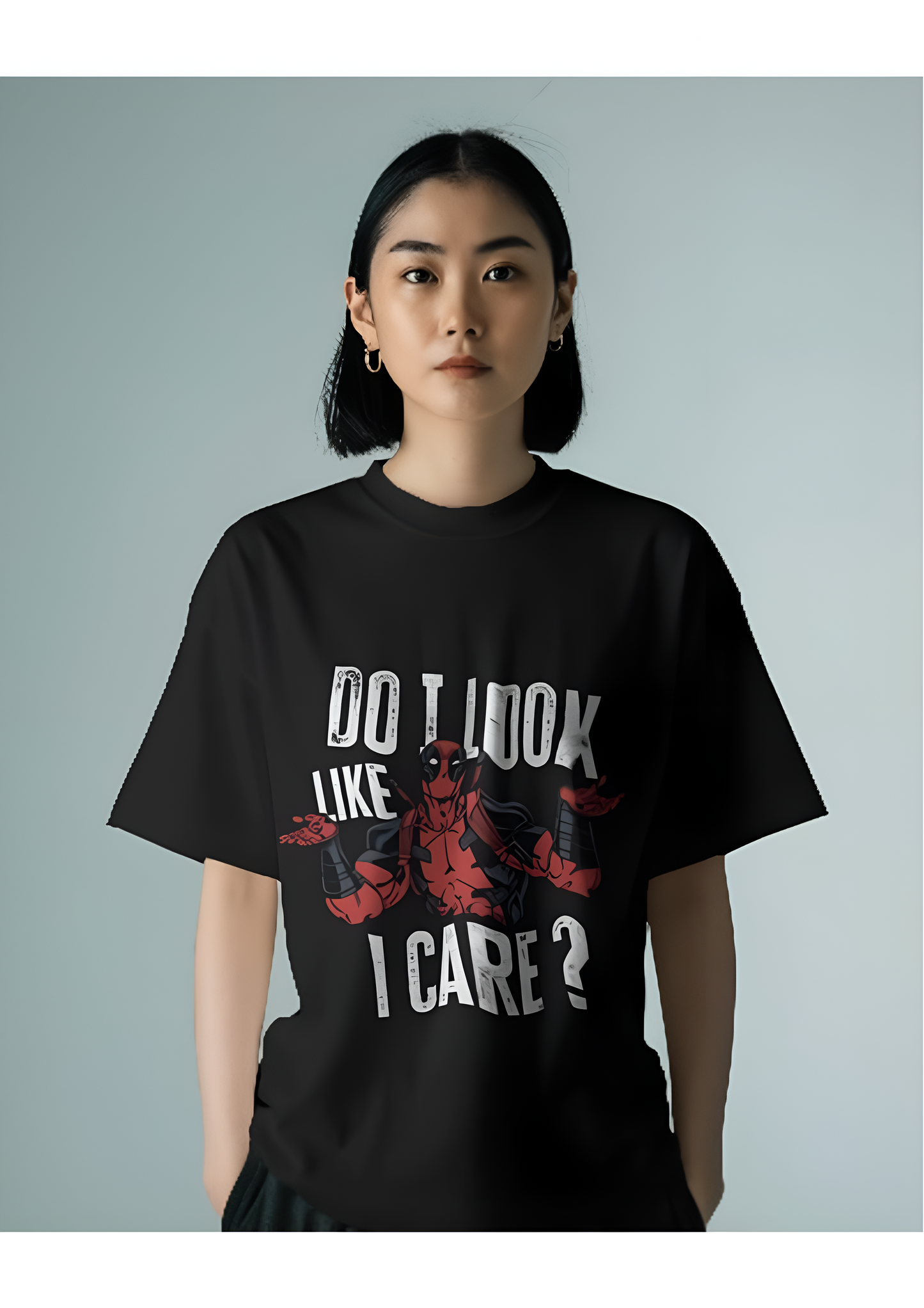 Deadpool unisex Oversized Tee – “Do I Look Like I Care?” (KN08)-KNOT&NEEDLE
