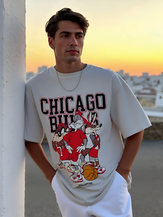 Chicago Bulls Looney Tunes Oversized T-Shirt – Vintage Basketball Graphic Tee (KN15)-KNOT&NEEDLE
